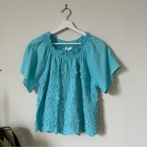 Valerie Khalfon Embroidered Top Turquoise Short Sleeve Floral Size 36